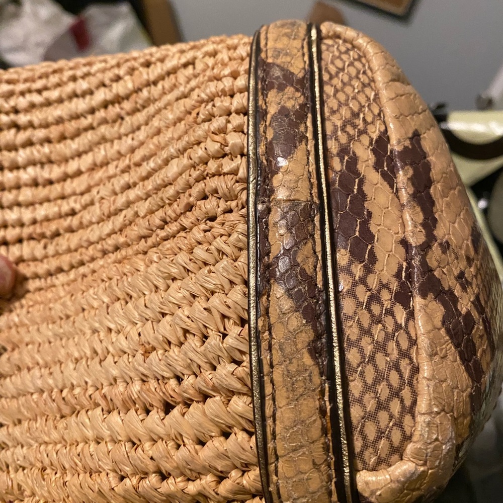 Coach straw Hampton tote python embossed leather trim Y2K beach bag EUC - Picture 9 of 11